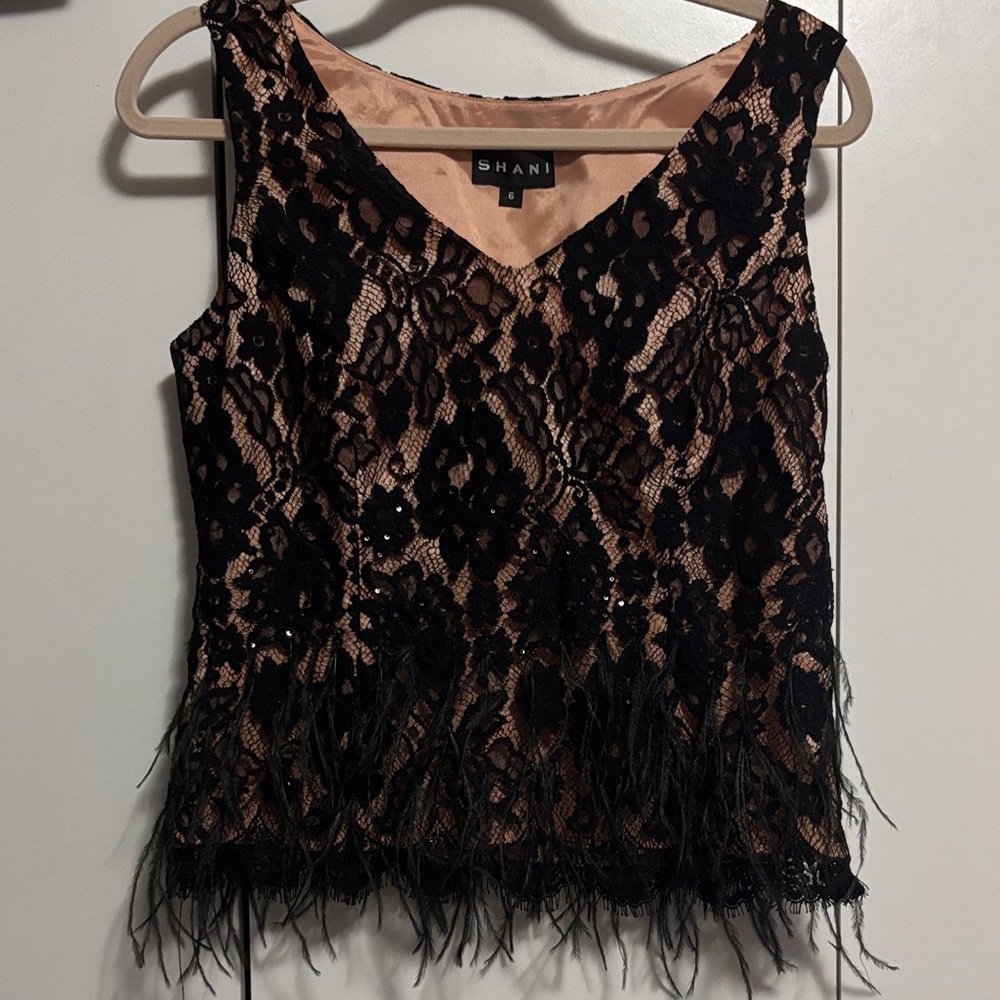 SHAN Elegant Black Lace and Tan Feathered Tank Top